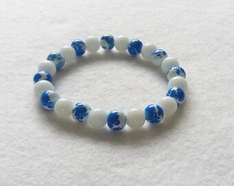 Cornflower Blue and White Glass Bead Stretch Bracelet, Costume Bracelet