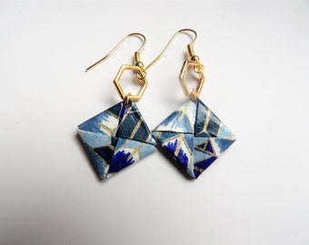 Square gold hexagons with origami leaf earrings
