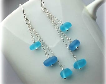 Blue sea glass earrings sterling silver drop earrings Mothers Day gift Outdoor Sea glass jewelry Green aqua sea glass Long dangle earrings