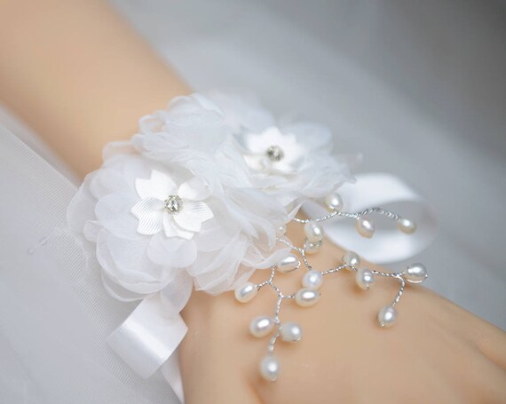 Wedding Corsage White Silk Flower with Pearls Wrist Corsage