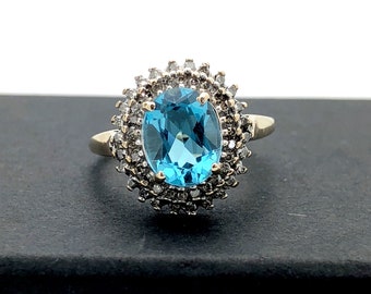 10k Yellow Gold Blue Topaz and Diamond Ring