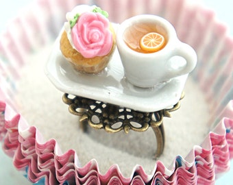 rose cupcake and tea ring- miniature food jewelry, cupcake ring, tea cup ring