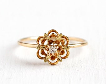 Flower Diamond Ring - Vintage Antique 14k Yellow Gold Starburst - Size 8 Edwardian Early 1900s Fine Stick Pin Conversion Floral Star Jewelry