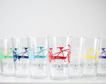 Personalized Tandem Bike Pint Glasses, screen printed glassware, Set of 8