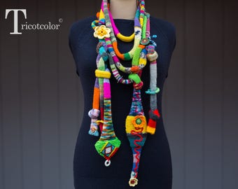 Scarf tricotcolor unique wool yarn knit accessories multicolored knitted gift women buttons handspun wool felted flower bead-embroidered pearls