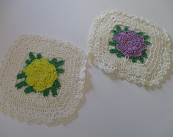Vintage Crochet Roses Pot Holders-Set of 2-Yellow and Purple