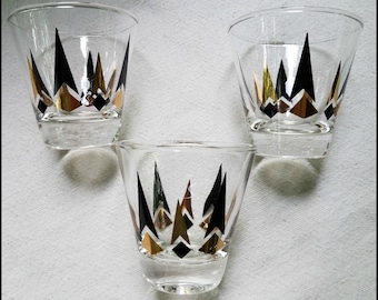 Three Vintage Mid Century Atomic Black And Gold Lowball Cocktail Glasses