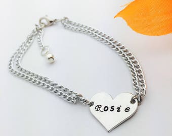 Heart bracelet, hand stamped jewelry, custom bracelet,name bracelet, ID, initials bracelet, personalized, custom metal jewelry, gift for her