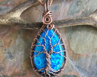 Opal Pendant Necklace in Antiqued Copper ,Simulated Blue Opal Tree of Life Necklace Copper wire,Synthetic Opal Tree of Life,Graduation Gift