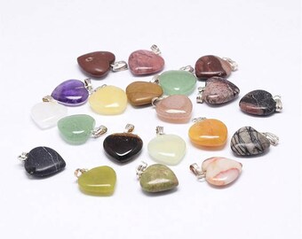 10 Gemstone Heart Charms Pendants 15mm Mixed Colours Jewellery Making (006)