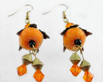 Tangerine Artisan Lampwork & Swarovski Floral Earrings, Orange n Black, Halloween, OSU Colors