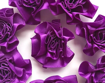 4 Large Purple Ribbon Ruffle Roses Rosettes Flowers 3.5cm - Card Making Embellishments Craft Sewing