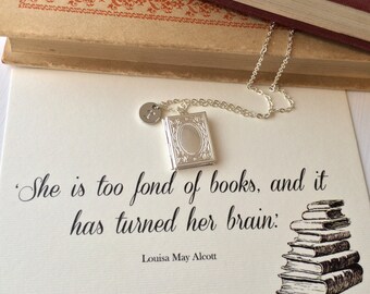 Book Lover Locket - Personalised Initial Charm - Fond of books- Literature Jewelry - Book Necklace - Silver Locket - Bookish gift for her