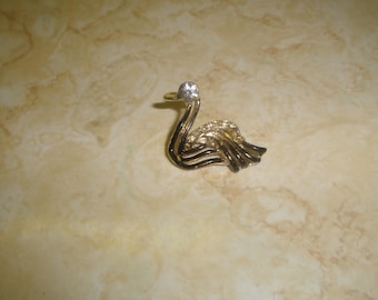 vintage pin brooch goldtone swan black enamel rhinestones