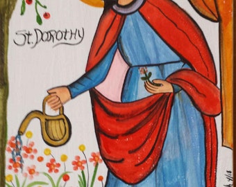 Saint Dorothy, gardeners, horticulturists, florists, brides, weddings, newlyweds, love, retablo, santo