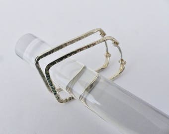 Sterling silver hoops. Hammered silver rectangular hoops.