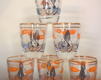 Set of 6 shot glasses retro pattern orange black gold abstract atomic mid century