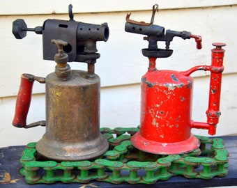 Vintage Rustic Blow Torch Flamethrowers Pair: Red & Brass Industrial Hand Tools