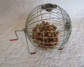 Vintage Metal Bingo Cage Spinner with Over 70 Wood Bingo Balls Retro Bingo Ball Tumbler