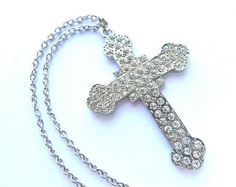 BIG BLING Rhinestone Reversible Cross, Vintage Silver Rhinestone Heavy Metal Cross, Mens Silver Cross & Neck Chain, Hip Hop Cross Necklace