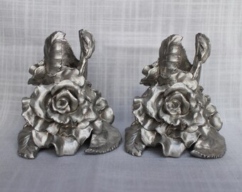 Fantastic 1 1/2 lb Cabbage Roses Candle Holders, Set of 2 Pewter Candlesticks, Vintage 1991 Seagull Pewter Canada Candle Holder