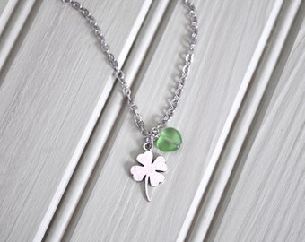 St Patrick's Day Four Leaf Clover Green Bead Silver Necklace