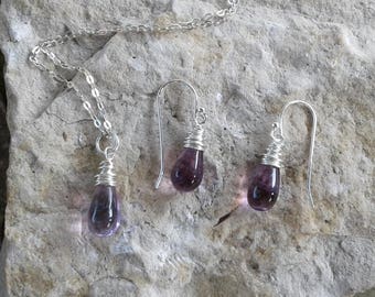 Amethyst Necklace and Earring Set, Solid Sterling Silver Amethyst Jewelry Set, Gemstone Jewelry, Minimalist Jewelry, February Birthstone