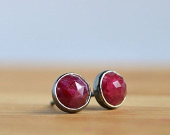 Genuine Ruby Earrings, Natural Ruby Stud Earrings, July Birthstone, 40th Anniversary Gift: Oxidized Sterling Silver 14k Rose Gold Filled