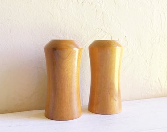 Pair of Sleek Mid-Century Eames Era Danish Modern Salt and Pepper Shakers Wood