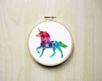 Geometric Unicorn Modern Counted Cross Stitch Pattern | Colourful Rainbow Triangles Mythical Unicorn Silhouette | Instant PDF Download