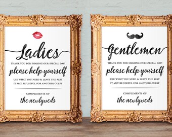 Wedding bathroom basket signs - womens and mens hospitality basket - his and hers bathroom signs - help yourself - printable 8x10 and 5x7