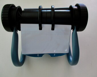 vintage desk organizer- Rolodex, black, blue, plastic