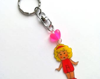 Blonde red Polly Pocket bluebird pink heart keychain