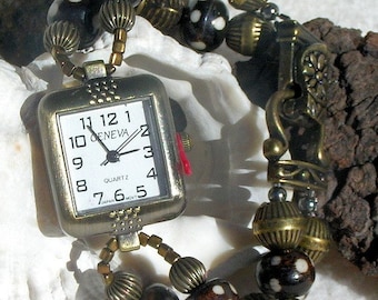 Antique Brass Watch, Bone Beads Jewelry W003