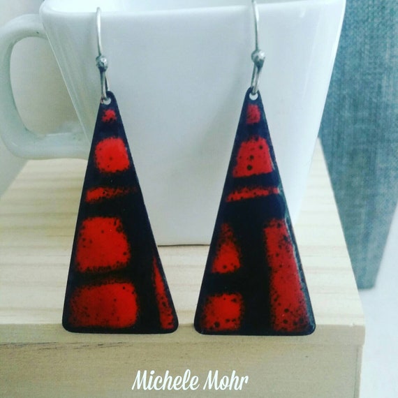 Fiery Orange and Black Enamel Earrings