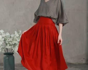 linen skirt, maxi skirt, skirt with pocket, long linen skirt in red, green, pleated skirt, full skirt, a line skirt, flared skirt, custom