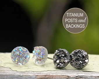 2 Pair Set of Glitter Stud Earrings - 10mm Faux Druzies in Gunmetal Gray Metallic and Clear Glitter, Titanium Post Earrings