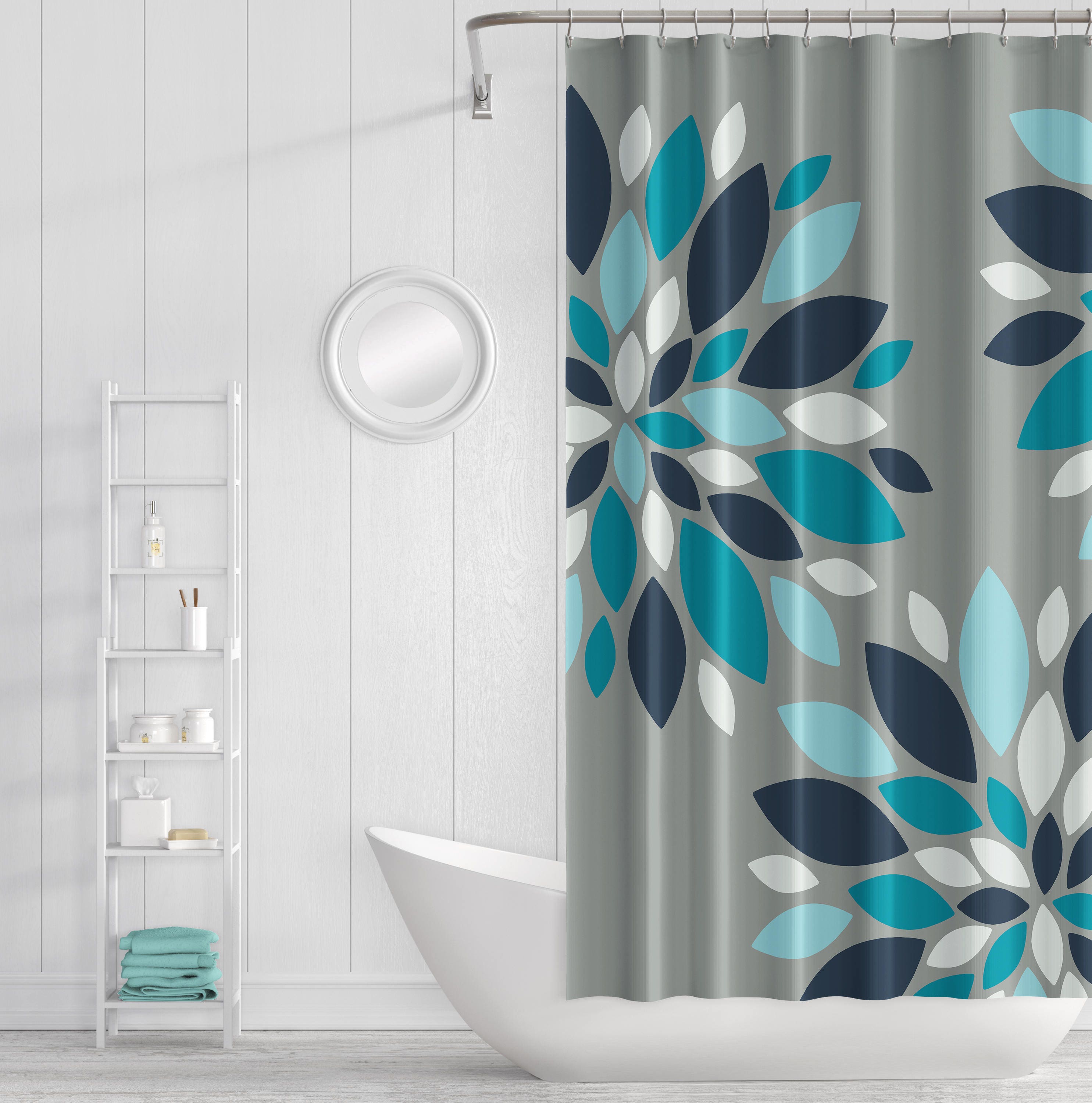 Shower Curtain Floral Flower Burst Bath Curtain Grey Teal