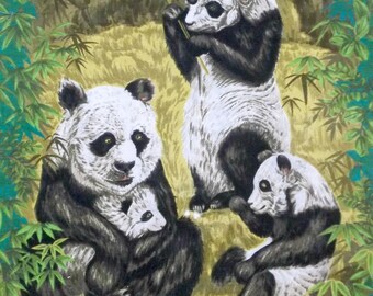 Vintage Hawaiian Barkcloth Bamboo Panda Bear Fabric Panel 22x42