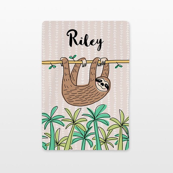 Sloth Baby Blanket Personalized Name Custom Unisex Baby Girl Baby Boy Kids Minky Fleece Unique Newborn Gift Idea Cute Animal Green Beige