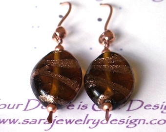20x15mm Twisted Oval Foiled Glass Beads with Copper Dangle Earrings
