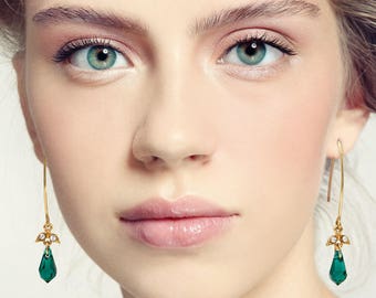 Green drop earrings, Green dangle earrings, Green earrings, Green gift, Emerald and gold earrings, Green long earrings