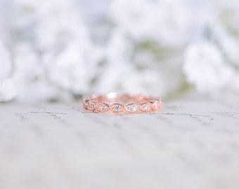 Rose Gold Wedding Band - Art Deco Ring - Full Eternity Ring - Stacking Ring - Marquise Ring - Dainty Band - Thin Ring - Sterling Silver
