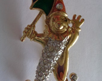 Vintage Signed BJ Goldtone/AB Stones Clown with Umbrella Brooch/Pin