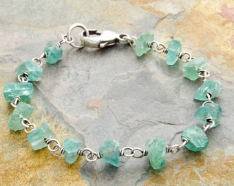 Seafoam Green Bracelet - Rough Apatite Gemstone Jewelry - Sterling Silver - #4926