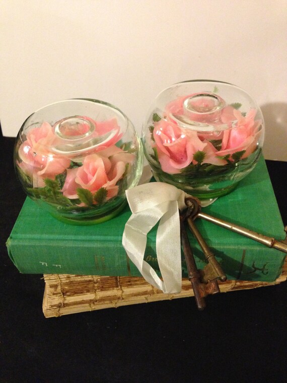 Vintage Pink Flower Candle Holder Pair Kitschy Mid Century
