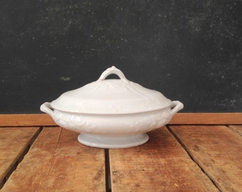 Ironstone Tureen, 1800s Antique White Tureen with Lid, Wheat and Hops Pattern by Baker & Co., Embossed Flowers and Leaves