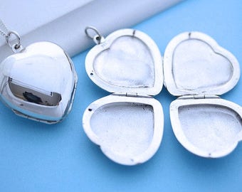 Silver Four picture locket necklace. Sterling silver Heart locket Necklace, Locket Jewelry, Four Photo. Silver Heart Locket Necklace,