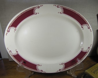 Vintage Homer Laughlin Large Serving Platter - Red and White - Band, Scrolls and Leaves