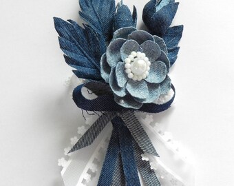 Blue denim flower brooch, Denim brooch, Fabric flower brooch with buds, Denim flower brooch, flower brooch with buds, Denim jewelry
